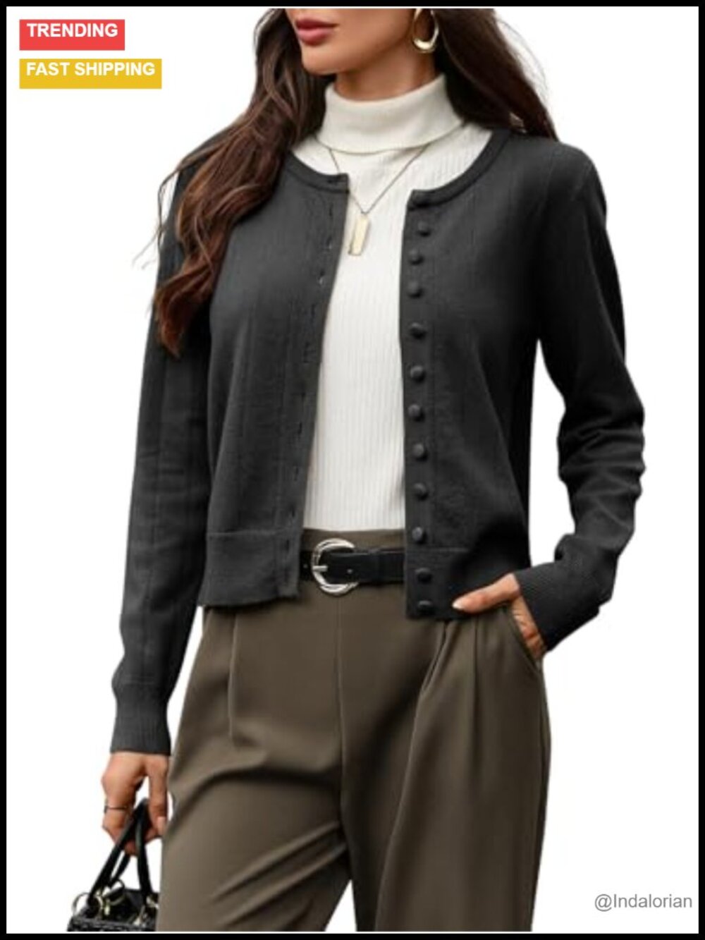 100% Wool Cropped Cardigan Ribbed Button Down Knit Sweater for Office Casual